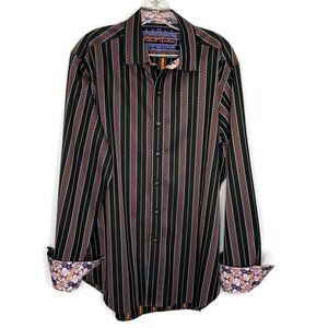 Robert Graham Black Stripe Classic Fit Embroidered Flip Cuff Dress Shirt Size L